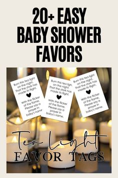 two baby shower favors with candles in the background and text that reads 20 easy baby shower favors