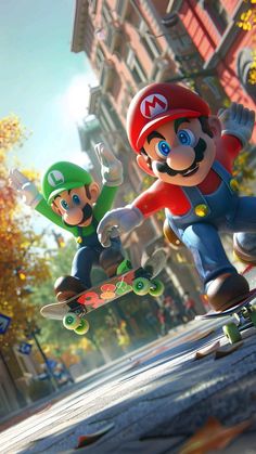 mario and luigi are riding skateboards down the street