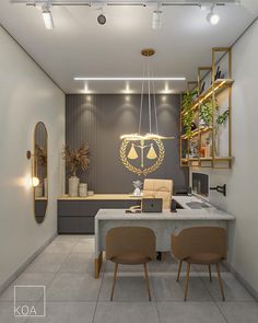 an office with two chairs and a table in front of a wall mounted light fixture