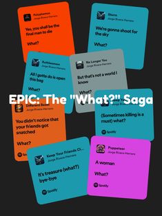 four different colored cards with the words epic the what? saga on them