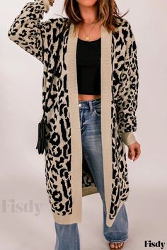 Fisdy - Stylish Knit Long Cardigan with Sophisticated Animal Print Animal Print Cardigan Outfit, Print Cardigan Outfit, Animal Print Cardigan, Knit Long Cardigan, Wild Leopard, Chic Cardigan, Leopard Print Cardigan, Longline Cardigan, Brown Leopard