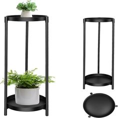 two black round plant stands next to each other with a potted plant on top