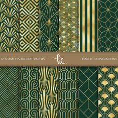 art deco seamless digital papers with gold and blue designs on them, including an art deco