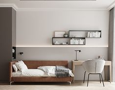 an empty bedroom with a bed, desk and chair in the corner next to a window