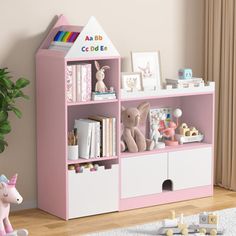 a pink and white bookcase with toys on it in a child's room