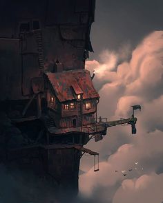 a house on top of a cliff in the sky with clouds surrounding it and birds flying around