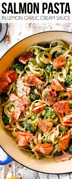 this salmon and broccoli pasta dish is ready to be served in the oven