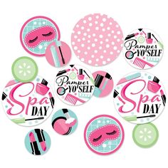 some pink and green stickers that say spa day