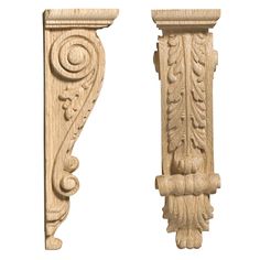 two carved wooden corbs on white background