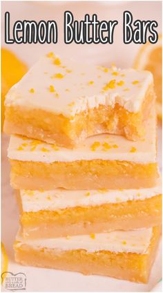 lemon butter bars stacked on top of each other with the title overlay above it