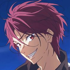 a man with pink hair and red eyes looks at the camera while standing in front of a blue sky