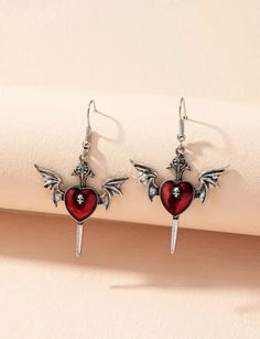 Dagger Earrings, Red Heart Earrings, Gothic Earrings, Heart With Wings, Silver Wings, Skull Earrings, Wing Earrings, Gothic Jewelry, Ear Jewelry