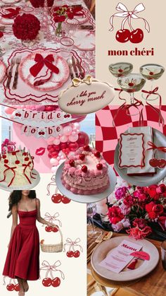 a collage of red and pink items including cake, plates, napkins and flowers