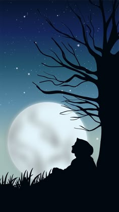 the silhouette of a man sitting under a tree in front of a full moon at night