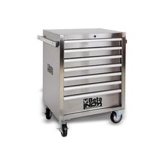 a metal toolbox with five drawers on wheels