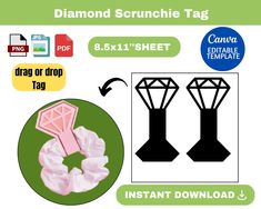 the diamond scrunchie tag is shown with instructions to make it look like they are