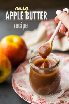 an apple butter recipe is being spooned into a jar