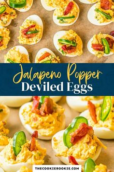 deviled eggs with jalapeno poppers on them and the title overlay reads jalapeno popper deviled eggs