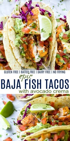 three different types of fish tacos with avocado and salsa on the side