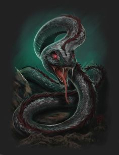 a black and white snake with red eyes on it's head, in the dark