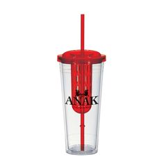 a red and clear cup with a straw in the bottom, on a white background