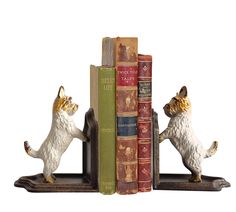 a bookend with two books and a cat figurine