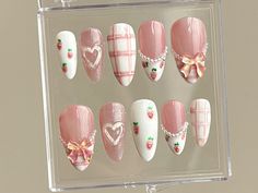 🌹Welcome to our shop on Etsy!🌹 🎀Our Dreamy Pink Press On Nails nail set on Etsy! Unique and delicately designed, this nail set will make you cute and charming.🎀 🌺 This nail sticker set gives you a professional and convenient nail experience right at home. With a series of cute heart and button designs along with lovely bride and groom images, we are committed to giving you a fresh and pure look. 🌟In particular, this nail set is decorated with outstanding 3D art patterns, creating a fashion Pop Nails, Uñas Aesthetic, Pink Press On Nails, Strawberry Design, Art Mignon, Heart Nail, Heart Nail Art, Nails Today, Nails Aesthetic