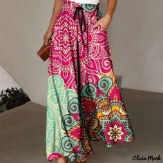 Olivia Mark - Bohemian Wide Leg Pants with Digital Feather Print, High Waist and Pleats - Long Trousers Bohemian Print, Long Trousers, Printed Midi Skirt, Floral Print Maxi Dress, Floral Print Maxi, Feather Print, Bohemian Clothes, High Waisted Trousers, Printed Mini Dress