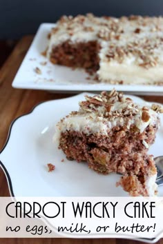 a piece of carrot wacky cake on a white plate with a fork next to it