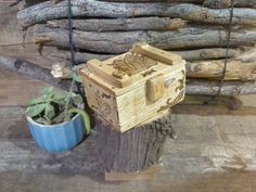 a wooden box sitting on top of a tree stump next to a potted plant