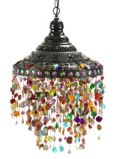 an image of a chandelier with many colorful beads hanging from it's ceiling