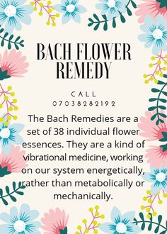 the back of a white and blue flowered card with text that reads, bach flower remedy