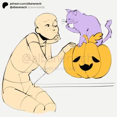 a cat sitting on top of a pumpkin next to a man