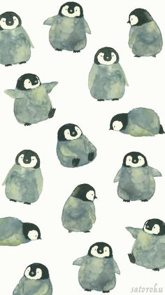 watercolor penguin pattern on white paper with black and gray penguins in different positions, all facing opposite directions