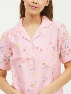 Bohobi Looney Pink Women Night Suit Set Color: Pink Fabric: Cotton Pattern: Quirky Fit: Relaxed Fit Detail: White Binding  Closure: Elastic for Bottom, Buttons for Top Collar: Notch Collar Care: Gentle Machine Wash Notched Collar