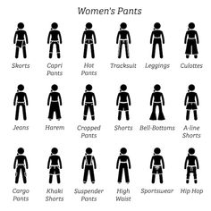 women's pants in different sizes and colors are shown on this page, which shows the