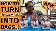 a woman sitting at a table with four bags in front of her and the words how to turn placemats into bags