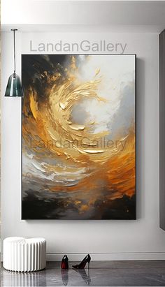 an abstract painting hangs on the wall above a radiator in a modern living room