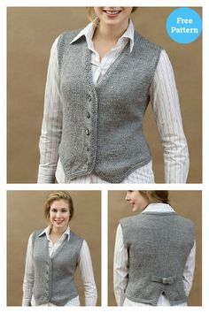 three pictures of a woman wearing a gray vest and white shirt with buttons on the front