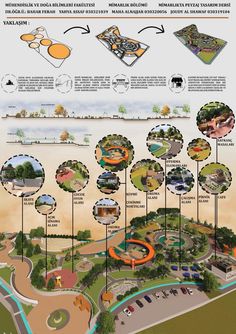 an overview of the park with many different things to see and do in it, including trees