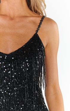 The Sparks Fly Mini Dress in Black Beaded Fringe is the perfect holiday dress with silver sequins and beaded straps. Pair with our SJP Collection Defy Heels for the perfect look! Nye Look, Tie Dye Tops, Sparks Fly, Nye Outfits, Mini Dress Black, Holiday Dress, Hair Accessories Jewelry, Beaded Fringe, Silver Sequin