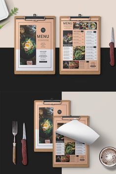 two clipboards with menus and utensils next to each other