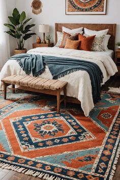 a bedroom with a bed and rugs on the floor