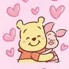 winnie the pooh and piglet hugging each other with hearts in the air behind them