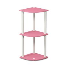 a pink and white corner shelf with two shelves on each side, against a white background