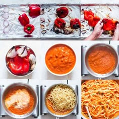 six different pictures showing the steps in how to make pasta with tomatoes, mushrooms and peppers