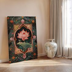 a painting on the ground next to a vase and window with curtains in it,