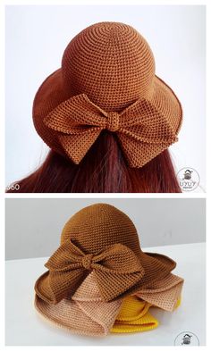 two pictures of hats with bows on them