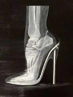 a black and white drawing of a woman's shoe with the foot in high heels