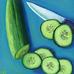 a painting of cucumbers and a knife on a blue background